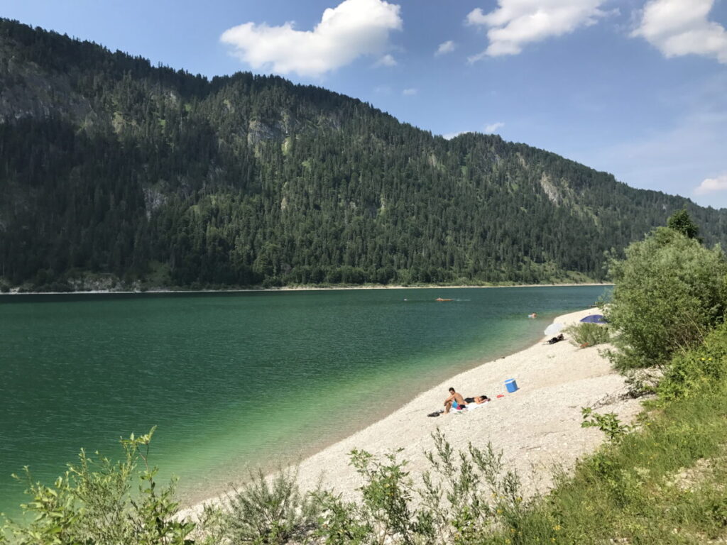 Am Sylvensteinsee baden - Liegeplätze findest du am Schotter im Ubereich und auf der Wiese bei der Brücke